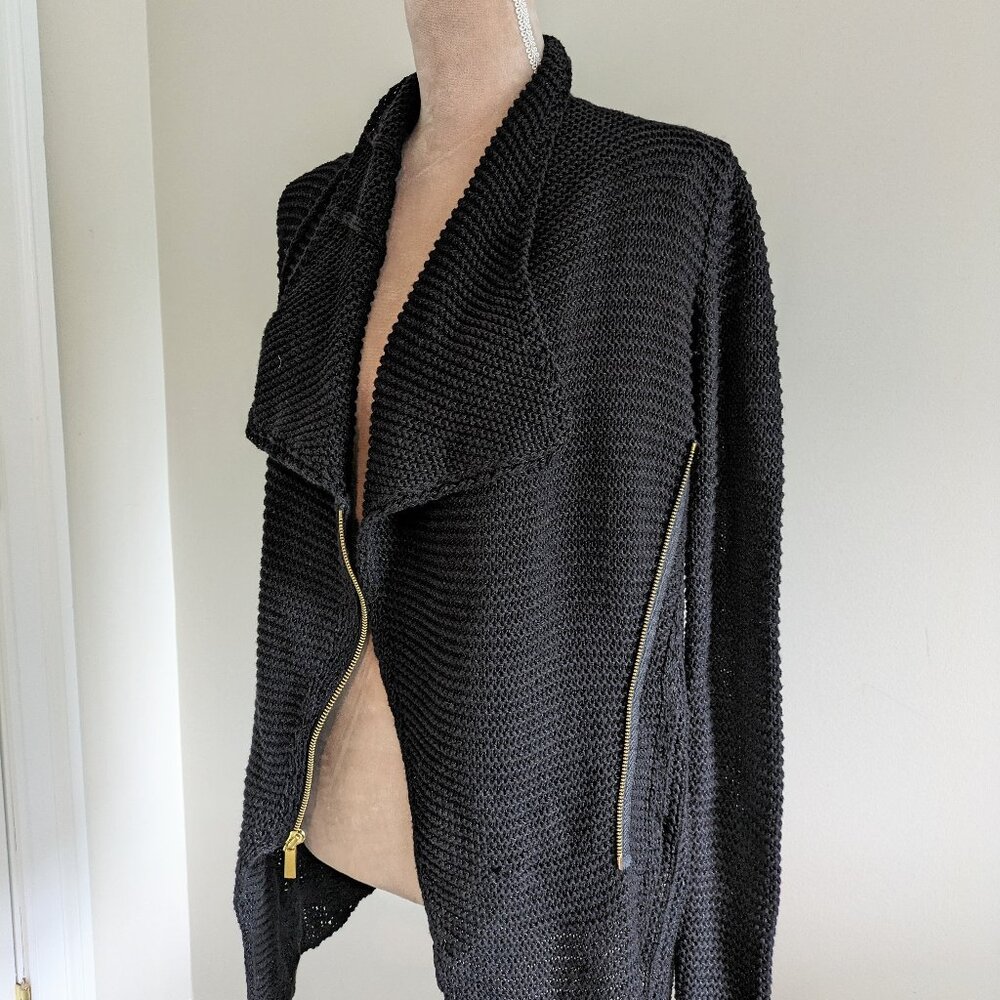 New Rachel Roy Cable Knit Black Crochet Asymmetrical Zipper Sweater Cardigan